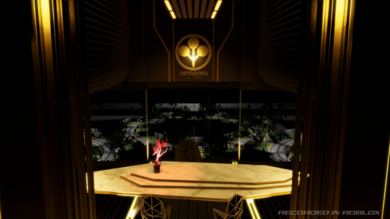 Arasaka Academy lobby with the academy logo displayed on a dark cyberpunk wall.