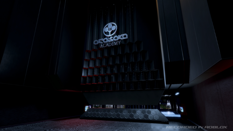 Golden cyberpunk atrium inside Arasaka Academy overlooking a night cityscape.